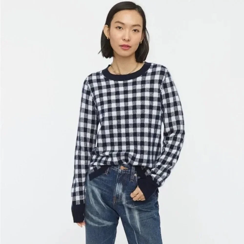 J. Crew Navy Cashmere Gingham Sweater ASO Wednesday Addams